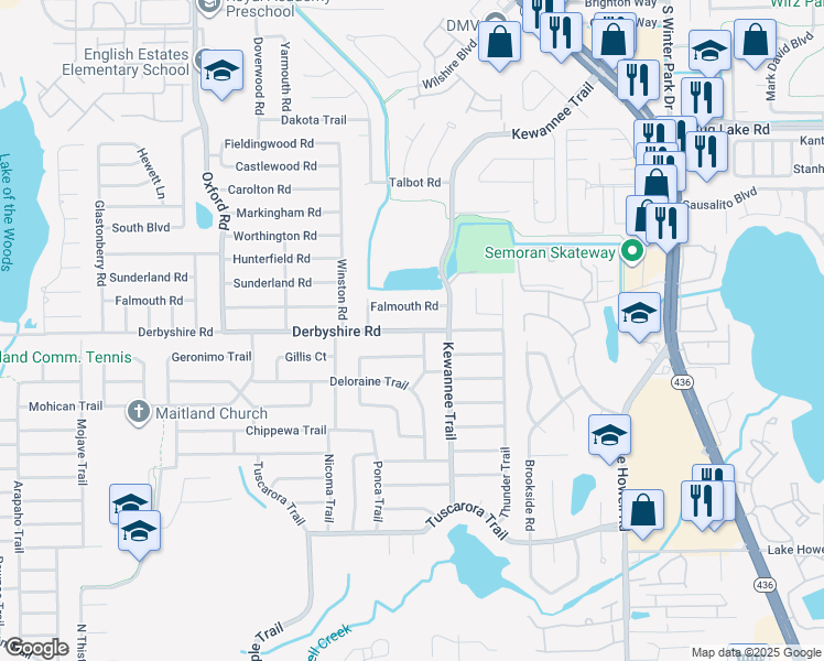 map of restaurants, bars, coffee shops, grocery stores, and more near 2451 Mcintosh Way in Maitland
