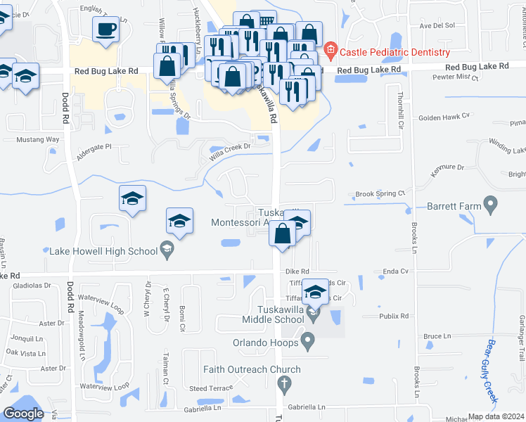map of restaurants, bars, coffee shops, grocery stores, and more near 4507 Sunset Lane in Oviedo