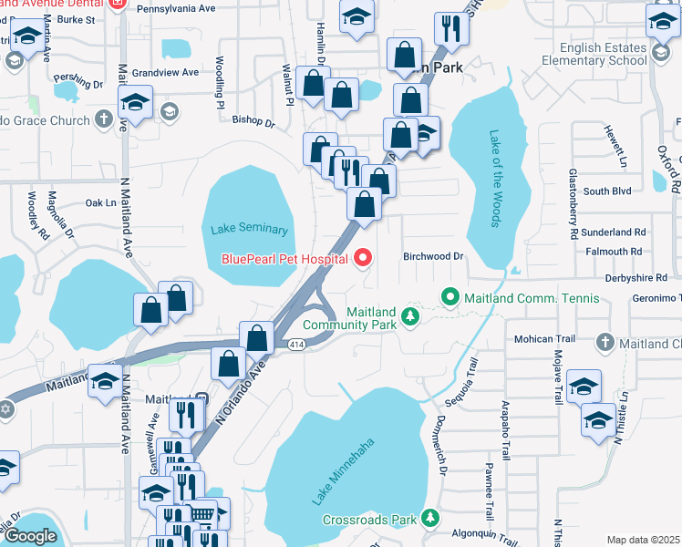 map of restaurants, bars, coffee shops, grocery stores, and more near 9905 South US Highway 17 92 in Maitland