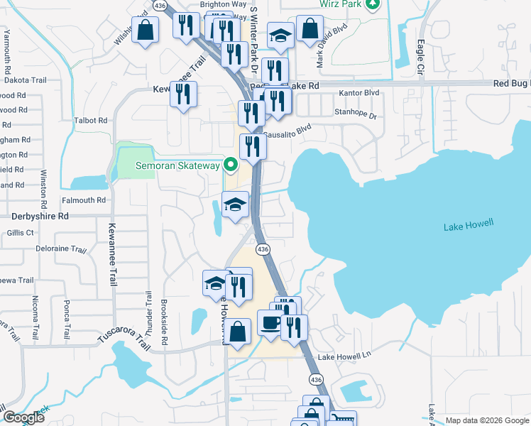 map of restaurants, bars, coffee shops, grocery stores, and more near 868 Lake Howell Road in Maitland