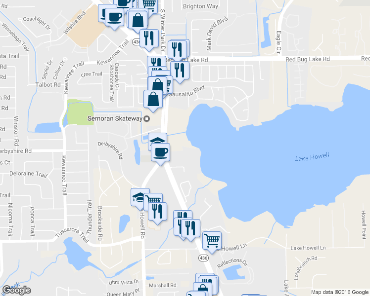 map of restaurants, bars, coffee shops, grocery stores, and more near 614 Georgetown Drive in Casselberry