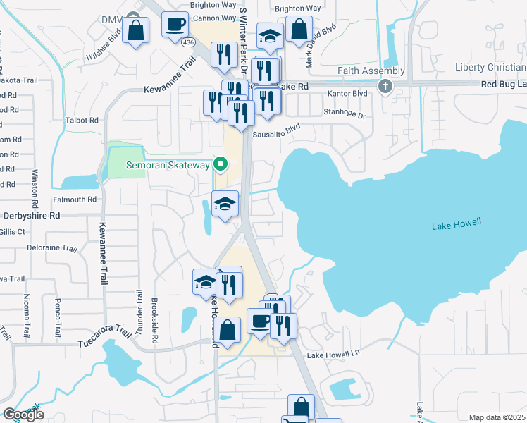 map of restaurants, bars, coffee shops, grocery stores, and more near 1158 Calle Del Norte in Casselberry