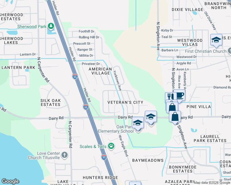 map of restaurants, bars, coffee shops, grocery stores, and more near 1556 Quill Court in Titusville