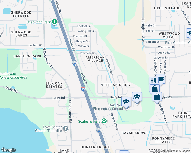 map of restaurants, bars, coffee shops, grocery stores, and more near 1620 Valley Forge Drive in Titusville