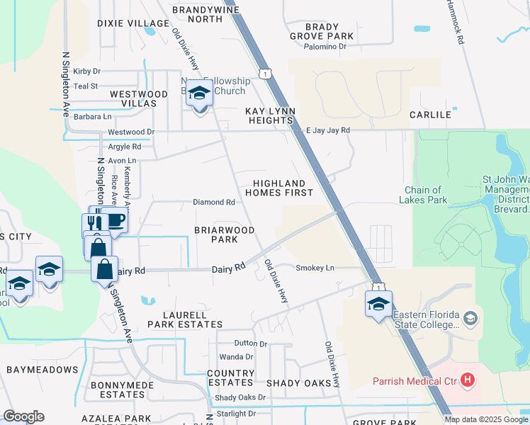 map of restaurants, bars, coffee shops, grocery stores, and more near 1575 Old Dixie Highway in Titusville