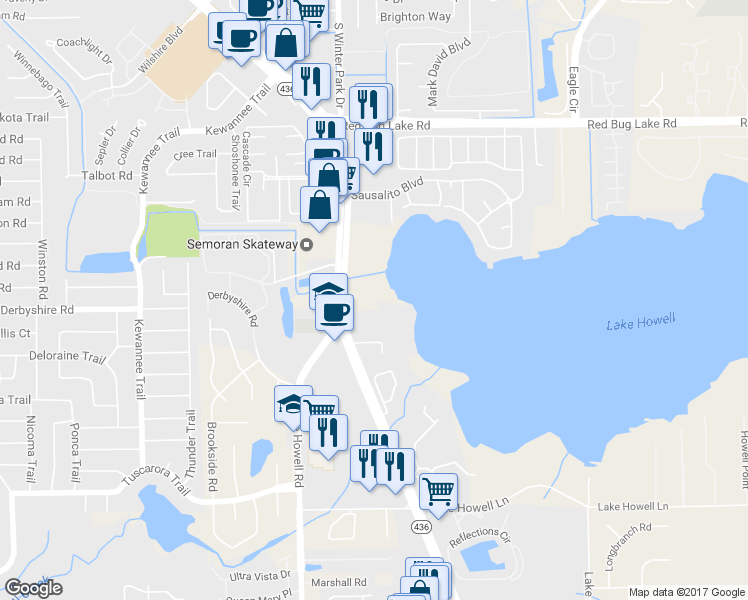 map of restaurants, bars, coffee shops, grocery stores, and more near 617 Georgetown Drive in Casselberry