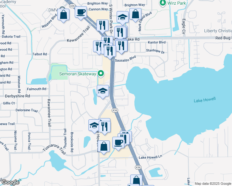 map of restaurants, bars, coffee shops, grocery stores, and more near 512 Georgetown Drive in Casselberry