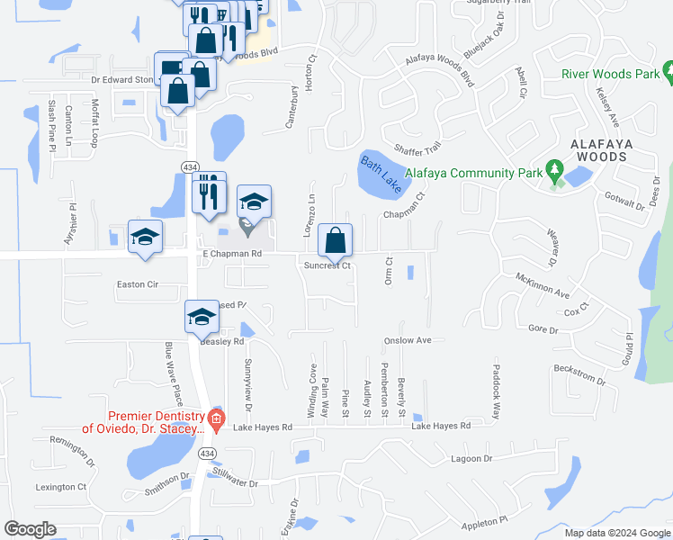 map of restaurants, bars, coffee shops, grocery stores, and more near 315 Suncrest Court in Oviedo
