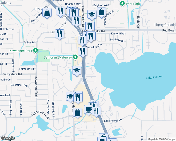 map of restaurants, bars, coffee shops, grocery stores, and more near 417 Georgetown Drive in Casselberry