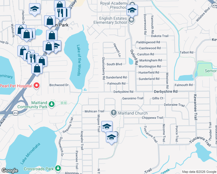 map of restaurants, bars, coffee shops, grocery stores, and more near 2020 Falmouth Road in Maitland