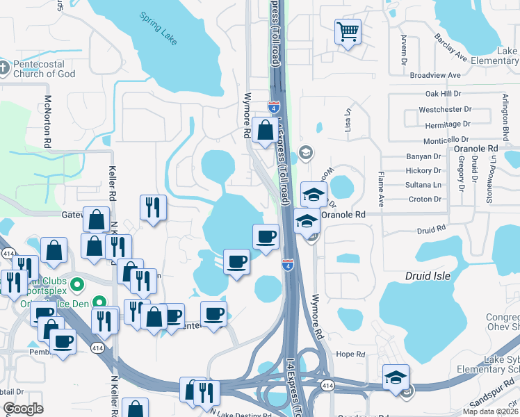 map of restaurants, bars, coffee shops, grocery stores, and more near 958 Lake Destiny Road in Altamonte Springs
