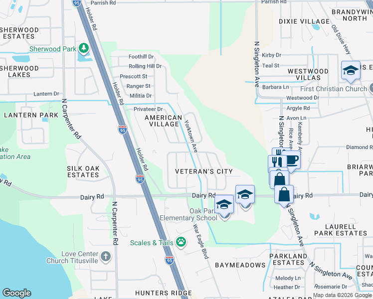map of restaurants, bars, coffee shops, grocery stores, and more near 3645 Valley Forge Drive in Titusville
