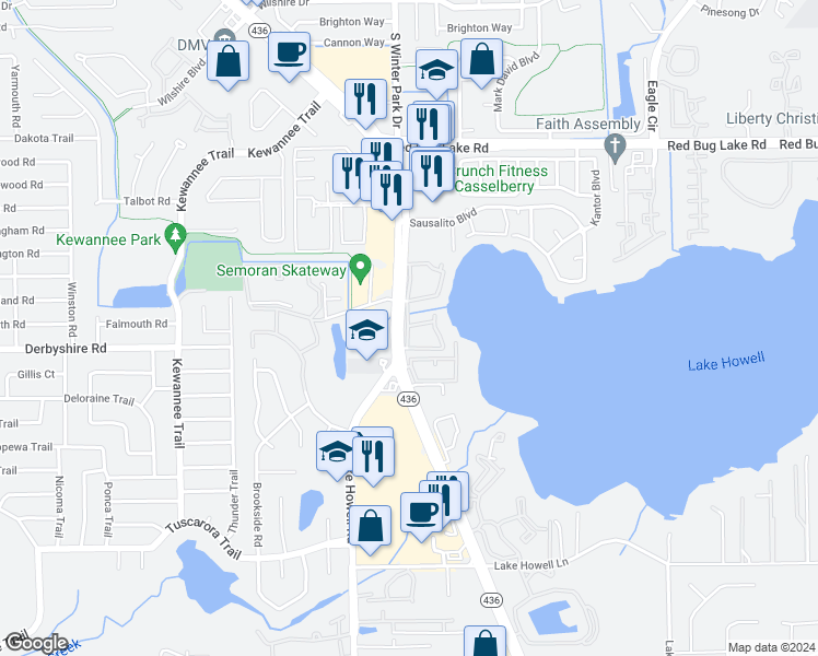 map of restaurants, bars, coffee shops, grocery stores, and more near 304 Georgetown Drive in Casselberry