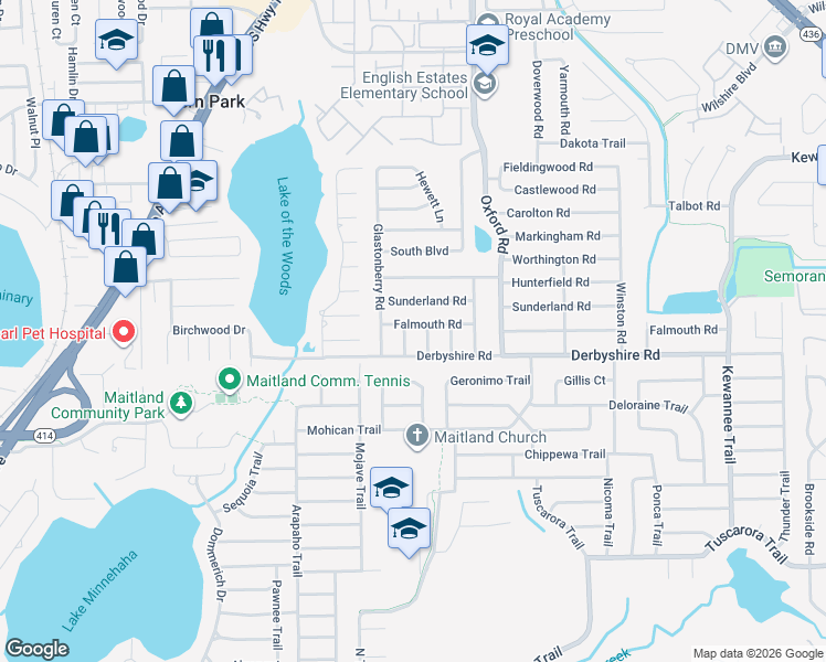 map of restaurants, bars, coffee shops, grocery stores, and more near 2020 Falmouth Road in Maitland
