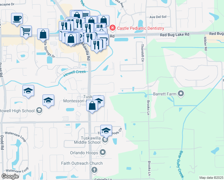 map of restaurants, bars, coffee shops, grocery stores, and more near 4536 Old Carriage Trail in Oviedo