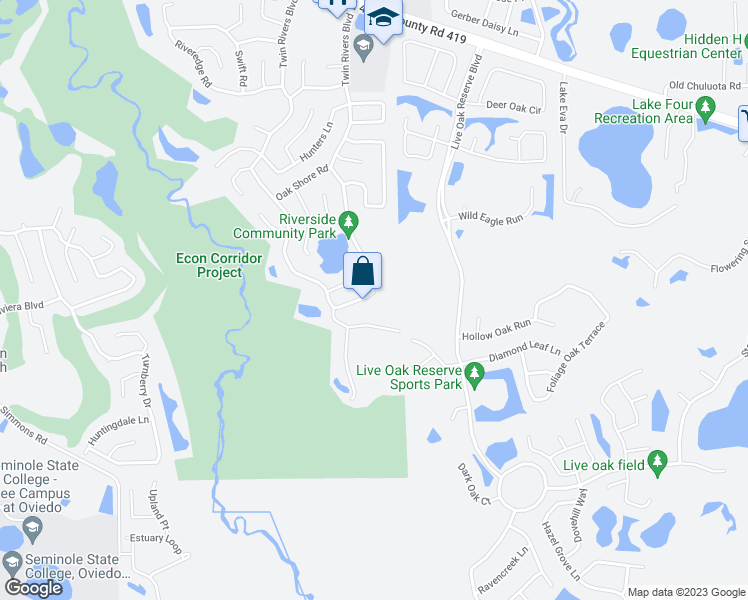 map of restaurants, bars, coffee shops, grocery stores, and more near 1350 Twin Rivers Boulevard in Oviedo