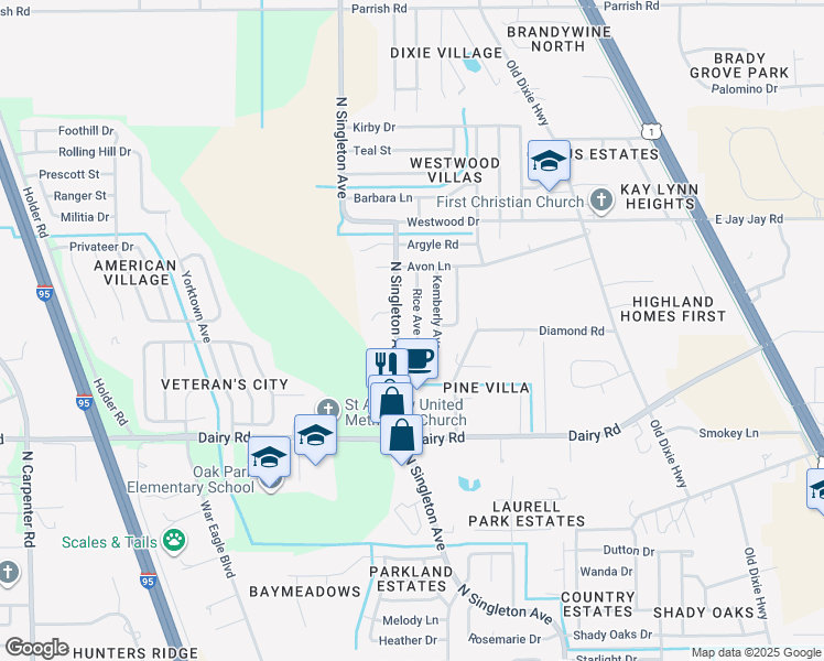 map of restaurants, bars, coffee shops, grocery stores, and more near 1636 Rice Ave in Titusville