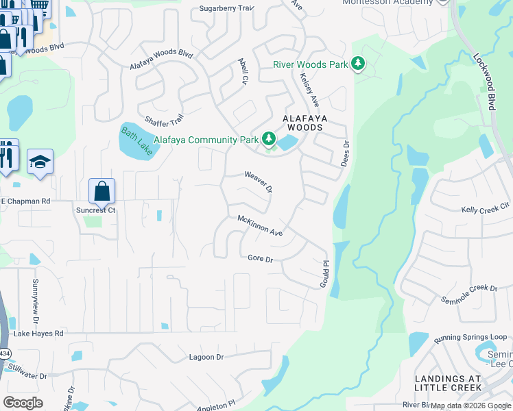 map of restaurants, bars, coffee shops, grocery stores, and more near 1066 Weaver Drive in Oviedo