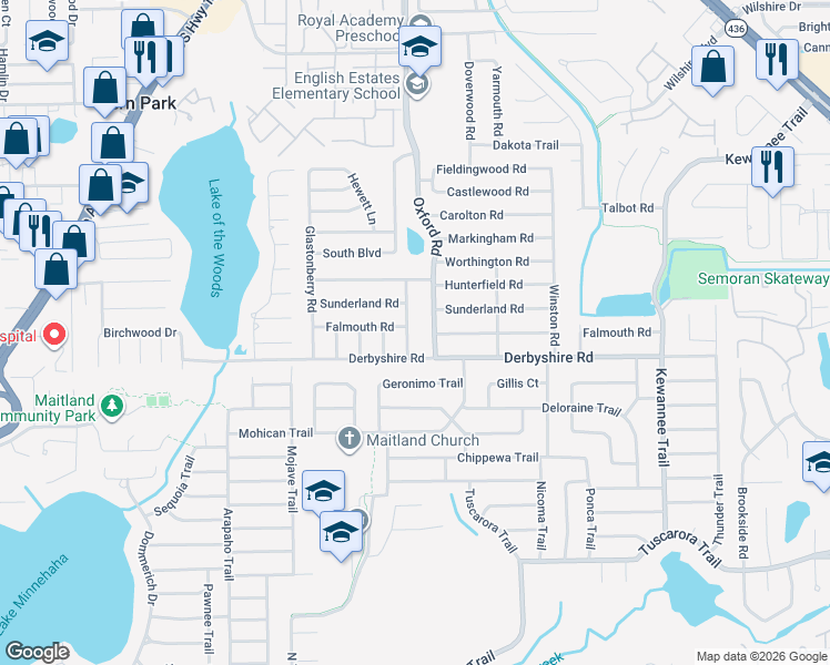 map of restaurants, bars, coffee shops, grocery stores, and more near 1254 Stratford Road in Maitland