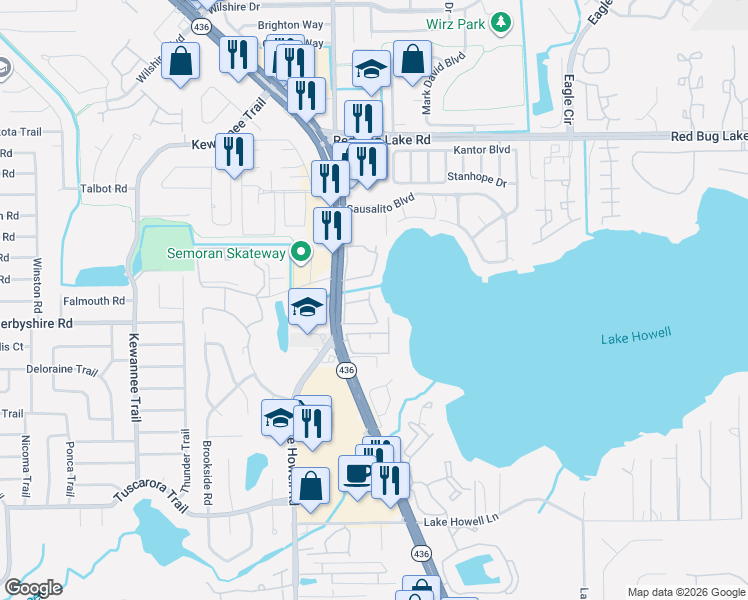 map of restaurants, bars, coffee shops, grocery stores, and more near 417 Georgetown Drive in Casselberry