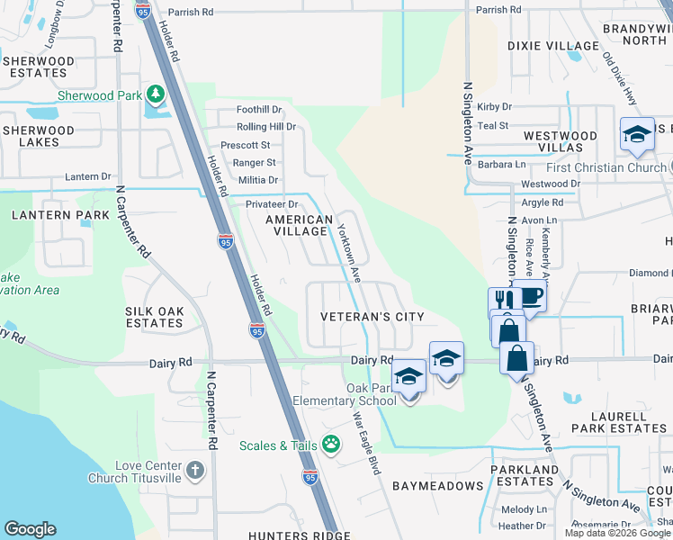 map of restaurants, bars, coffee shops, grocery stores, and more near 3645 Valley Forge Drive in Titusville
