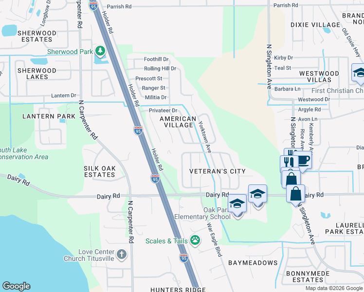 map of restaurants, bars, coffee shops, grocery stores, and more near 1620 Valley Forge Dr in Titusville