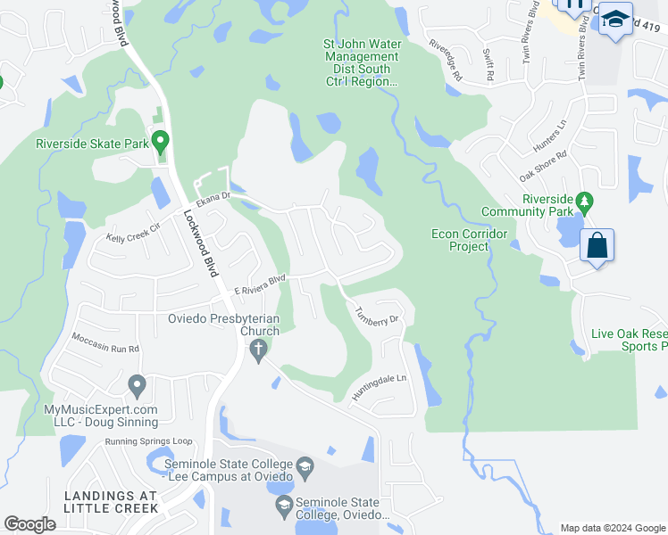 map of restaurants, bars, coffee shops, grocery stores, and more near 1990 Turnberry Drive in Oviedo