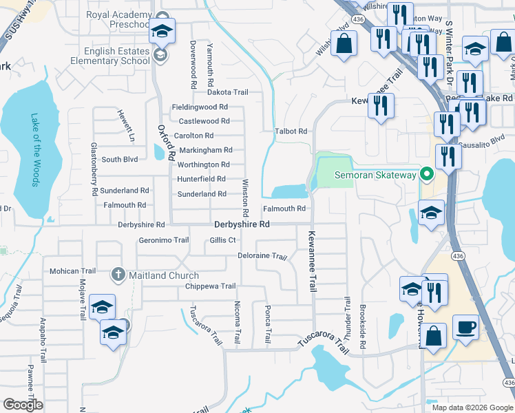 map of restaurants, bars, coffee shops, grocery stores, and more near 1323 Chipola Trail in Maitland