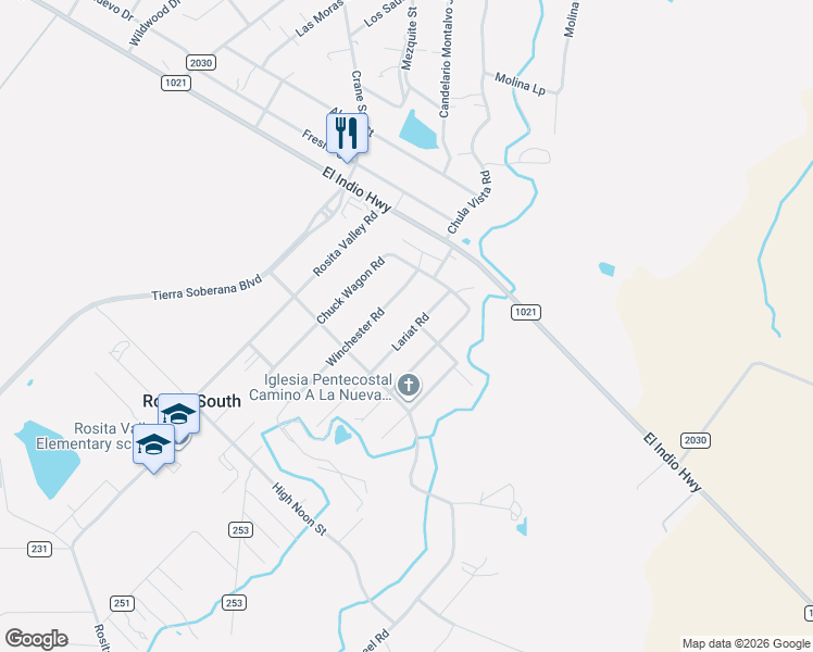 map of restaurants, bars, coffee shops, grocery stores, and more near 128 Lariat Road in Eagle Pass