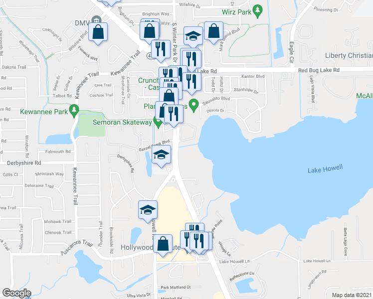 map of restaurants, bars, coffee shops, grocery stores, and more near 417 Georgetown Drive in Casselberry