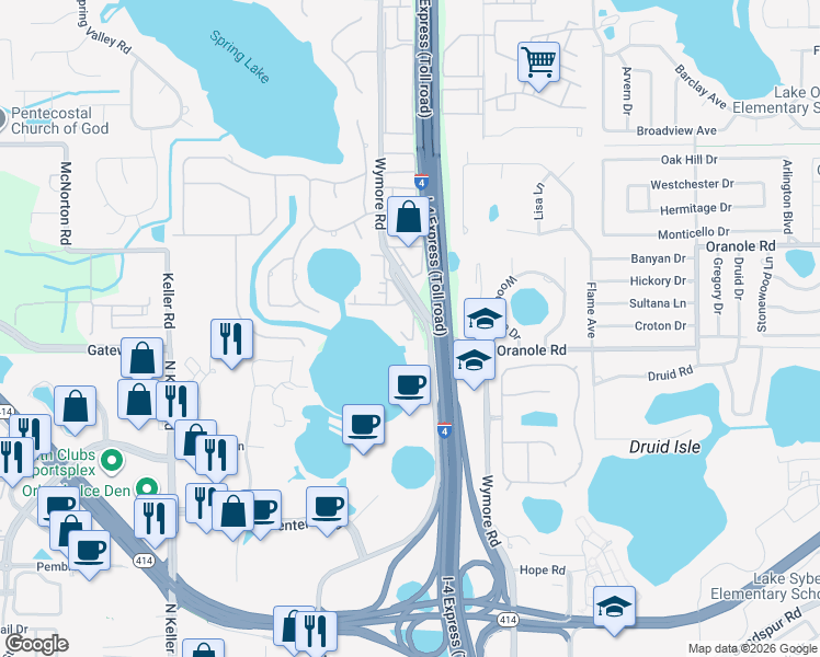 map of restaurants, bars, coffee shops, grocery stores, and more near 974 North Lake Destiny Road in Altamonte Springs