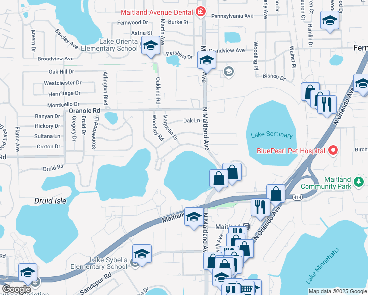 map of restaurants, bars, coffee shops, grocery stores, and more near 510 Lake Shore Drive in Maitland