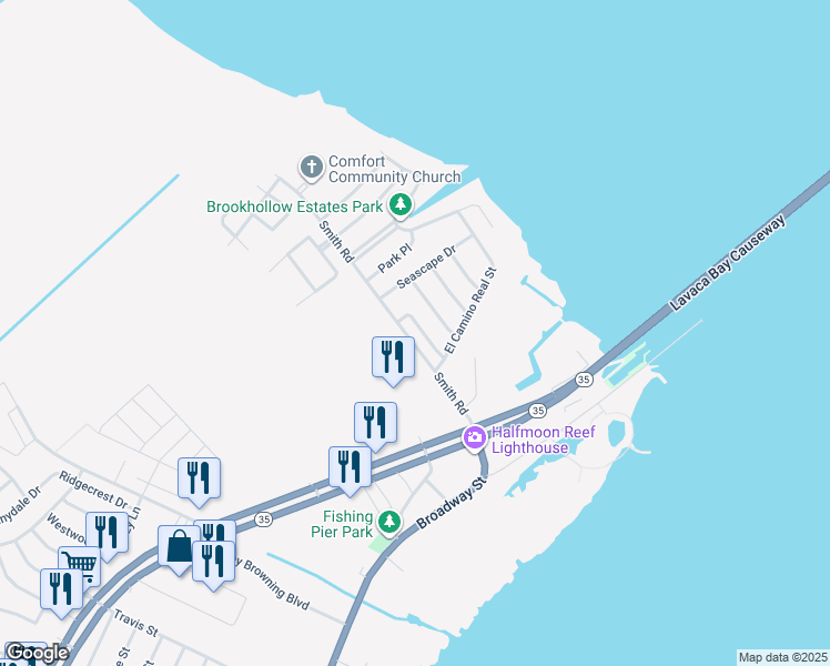 map of restaurants, bars, coffee shops, grocery stores, and more near 118 Saluria Place in Port Lavaca