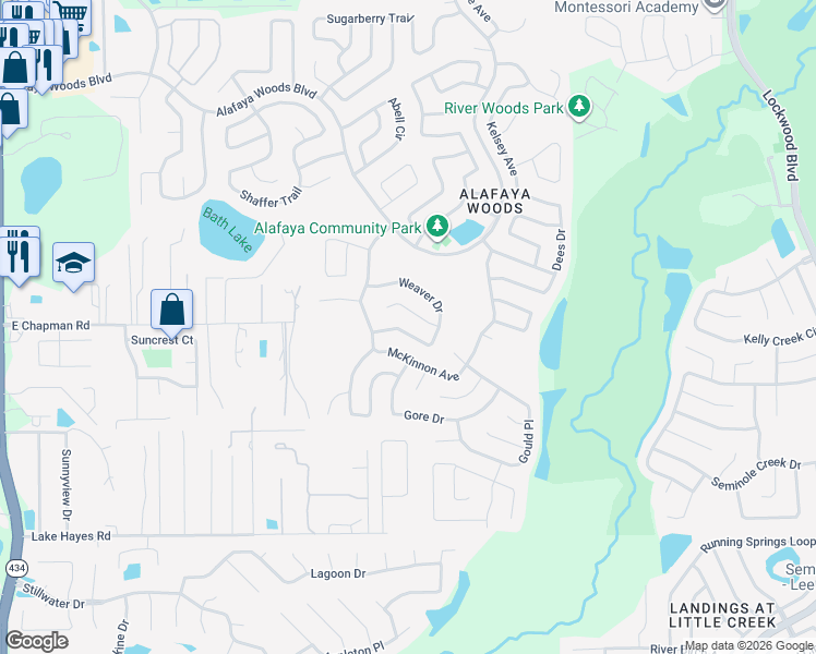 map of restaurants, bars, coffee shops, grocery stores, and more near 1066 Weaver Drive in Oviedo