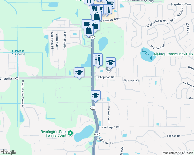 map of restaurants, bars, coffee shops, grocery stores, and more near 100 East Chapman Road in Oviedo
