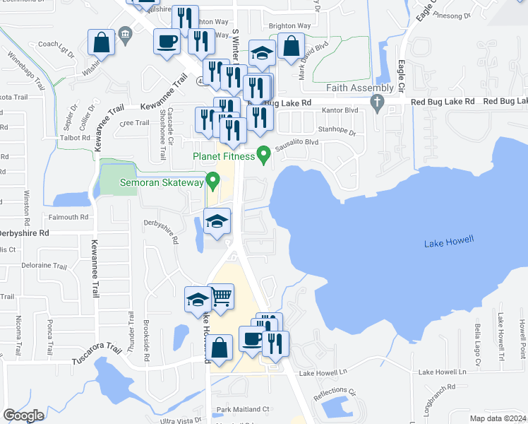 map of restaurants, bars, coffee shops, grocery stores, and more near 417 Georgetown Drive in Casselberry