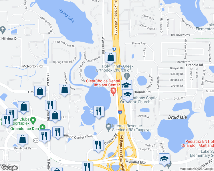 map of restaurants, bars, coffee shops, grocery stores, and more near 958 Lake Destiny Road in Altamonte Springs