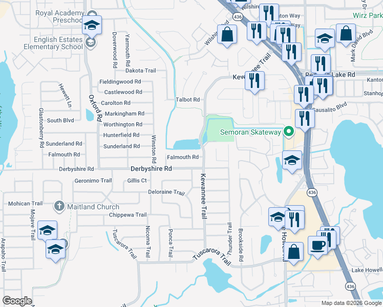 map of restaurants, bars, coffee shops, grocery stores, and more near 2643 Falmouth Road in Maitland