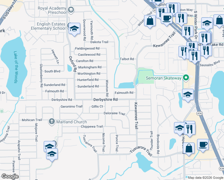 map of restaurants, bars, coffee shops, grocery stores, and more near 1323 Chipola Trail in Maitland
