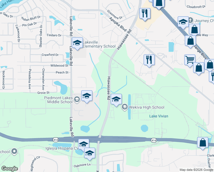 map of restaurants, bars, coffee shops, grocery stores, and more near 2351 Hiawassee Road in Apopka