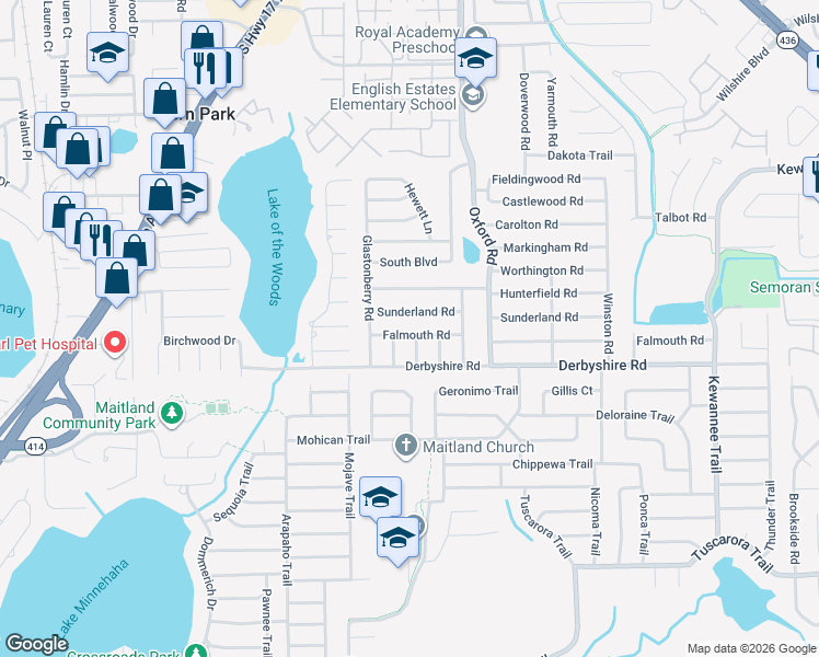 map of restaurants, bars, coffee shops, grocery stores, and more near 2020 Falmouth Road in Maitland
