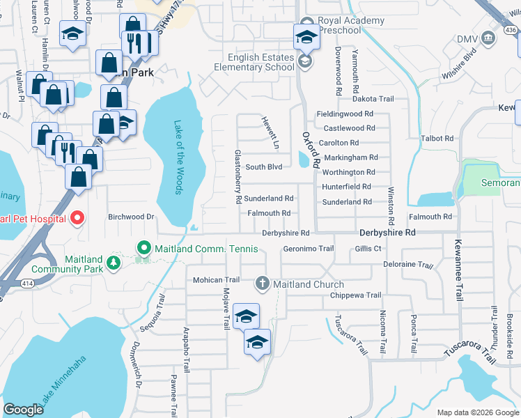 map of restaurants, bars, coffee shops, grocery stores, and more near 2020 Falmouth Road in Maitland