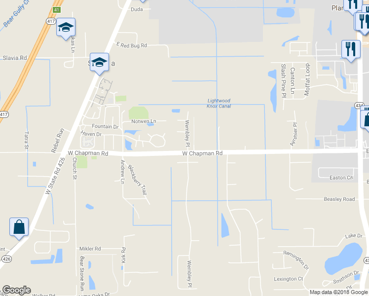 map of restaurants, bars, coffee shops, grocery stores, and more near 2096 Wembley Place in Oviedo