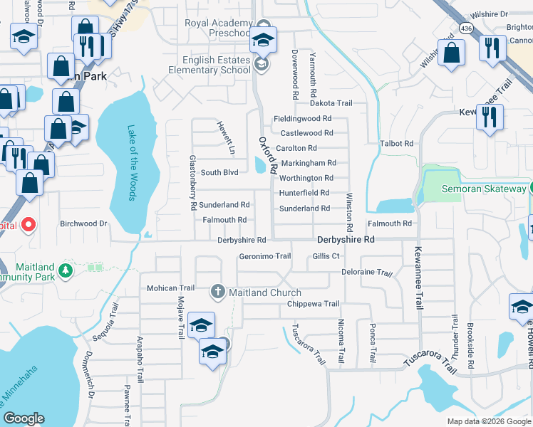 map of restaurants, bars, coffee shops, grocery stores, and more near 1254 Stratford Road in Maitland