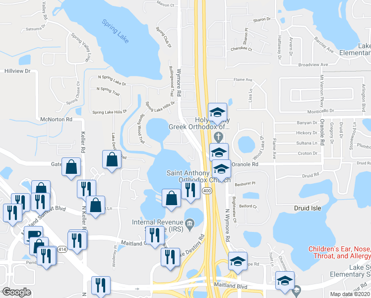 map of restaurants, bars, coffee shops, grocery stores, and more near 958 Lake Destiny Road in Altamonte Springs