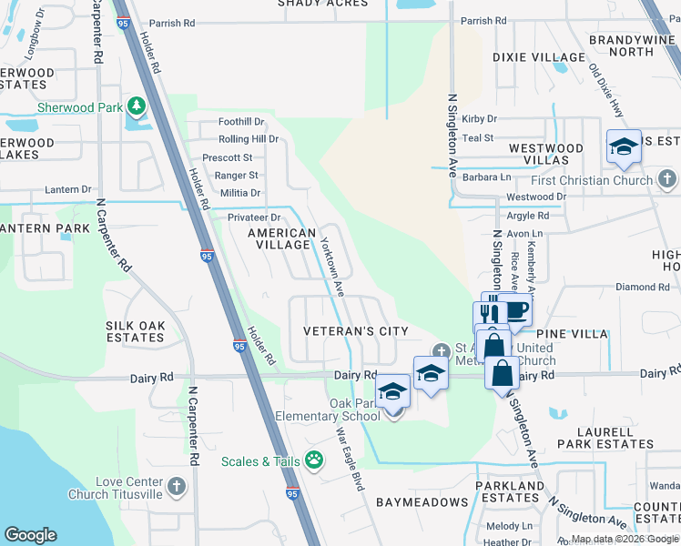 map of restaurants, bars, coffee shops, grocery stores, and more near 1655 Yorktown Avenue in Titusville