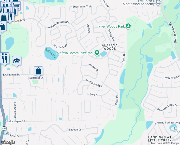 map of restaurants, bars, coffee shops, grocery stores, and more near 1010 Faircloth Court in Oviedo