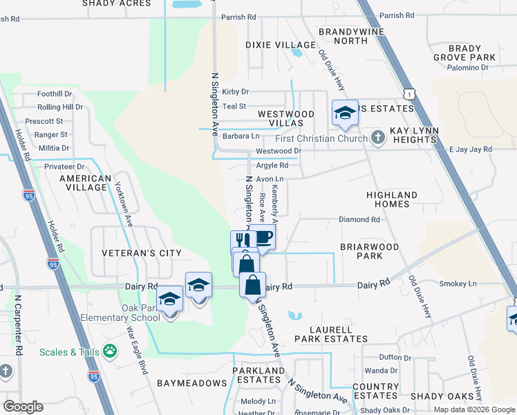 map of restaurants, bars, coffee shops, grocery stores, and more near 1636 Rice Avenue in Titusville