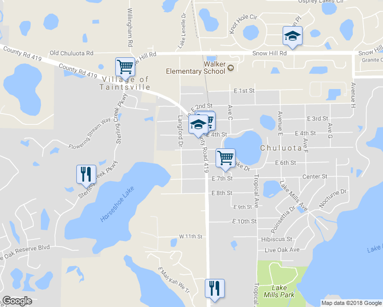 map of restaurants, bars, coffee shops, grocery stores, and more near 117 West 5th Street in Oviedo