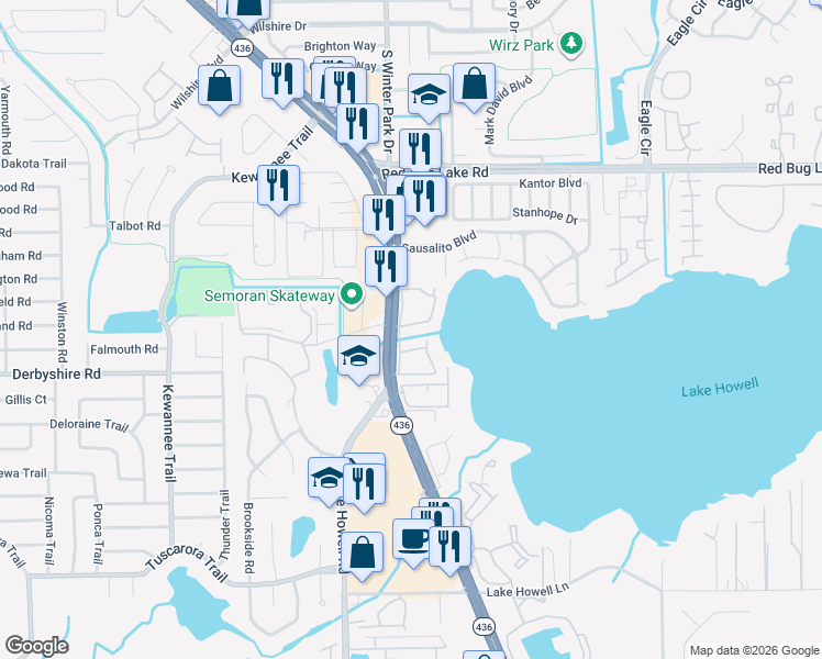 map of restaurants, bars, coffee shops, grocery stores, and more near 312 Georgetown Drive in Casselberry